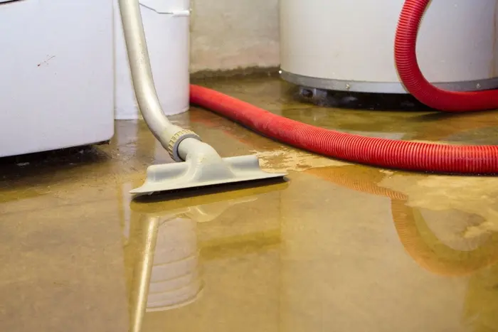 Water extraction equipment removing standing water during a water damage restoration job
